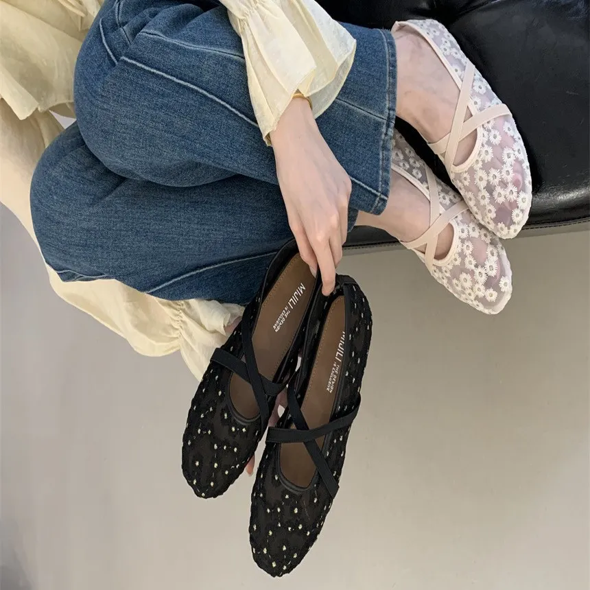 蝴蝶结单鞋女平底浅口百搭2025新款夏季网纱透气豆豆鞋女瓢鞋
