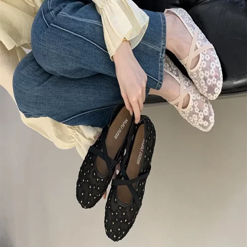 蝴蝶结单鞋女平底浅口百搭2025新款夏季网纱透气豆豆鞋女瓢鞋