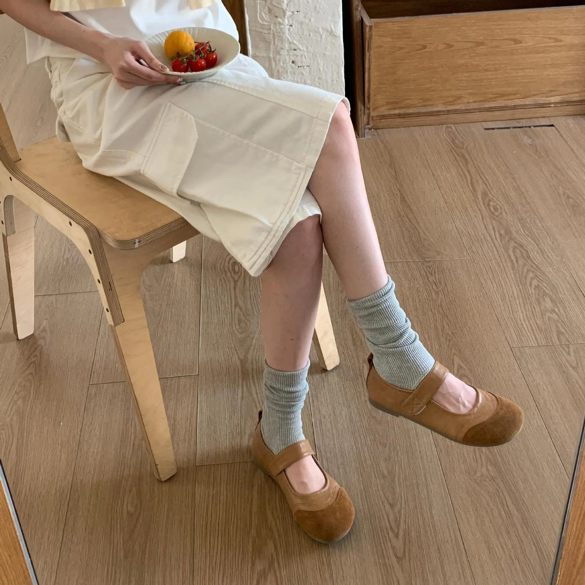 软皮玛丽珍单鞋女2025夏季新款平底软底魔术贴时尚百搭休闲鞋