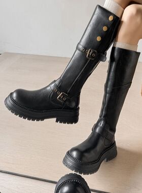 黑色复古英伦风粗跟厚底长筒靴女秋冬新款长靴高筒显瘦骑士靴