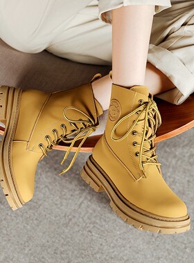 大黄靴女2025年新款厚底马丁靴真皮白色短靴春秋单靴平底高帮鞋子