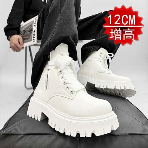 男鞋隐形增高新款cos成男隐形内增高鞋男12厘米厚底白色马丁靴男