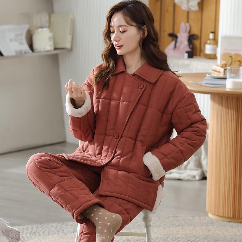 睡衣女士冬天三层加厚夹棉袄冬季冬款保暖家居服韩版时尚休闲套装
