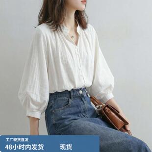 桑蚕丝白色小个子灯笼袖衬衣女款2026新款夏季轻熟小众不撞款上衣