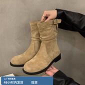 羊皮版 复古西部牛仔中筒粗跟短靴女秋冬圆头堆堆骑士短筒马丁靴