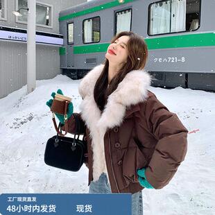 盐系咖色大毛领羽绒服女冬季2025新款小个子短款加厚90白鸭绒外套