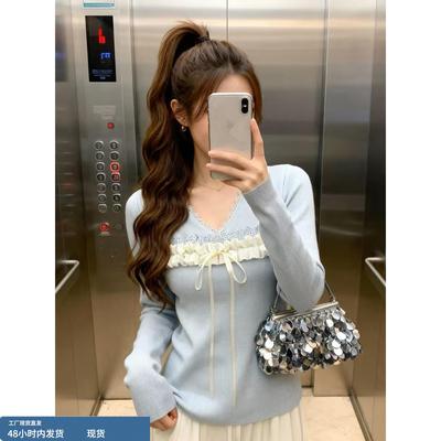 法式V领蕾丝花边针织衫女2025秋季新款温柔风修身显瘦内搭打底衫