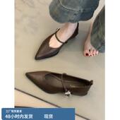 通勤粗跟单鞋 羊皮版 一字带浅口小皮鞋 复古气质尖头玛丽珍鞋 法式