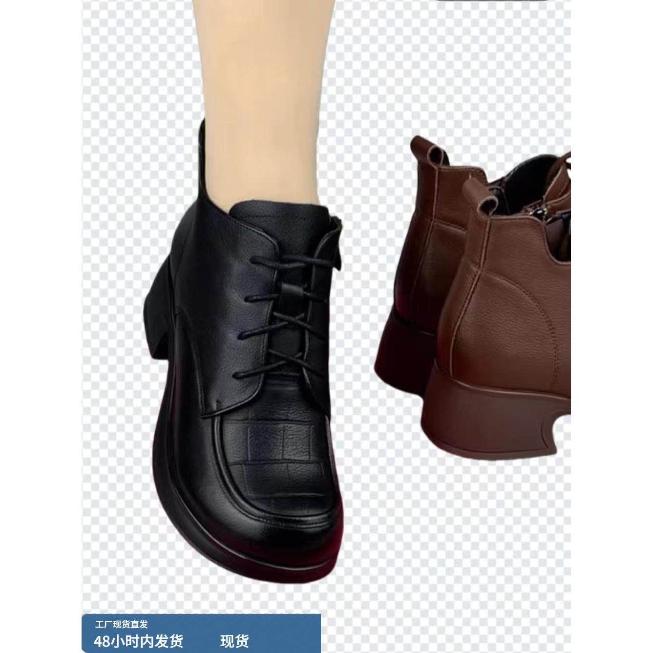 冬季新真皮短靴女子英式风格覆古多用途厚跟靴羊毛衬里加厚保暖棉