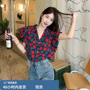 桑蚕丝红色碎花独特漂亮法式小衬衫女款2026新款夏季chic别致上衣
