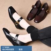 女 方头浅口一字扣带内增高粗跟舒适单鞋 头层羊皮2025春秋新款 时尚