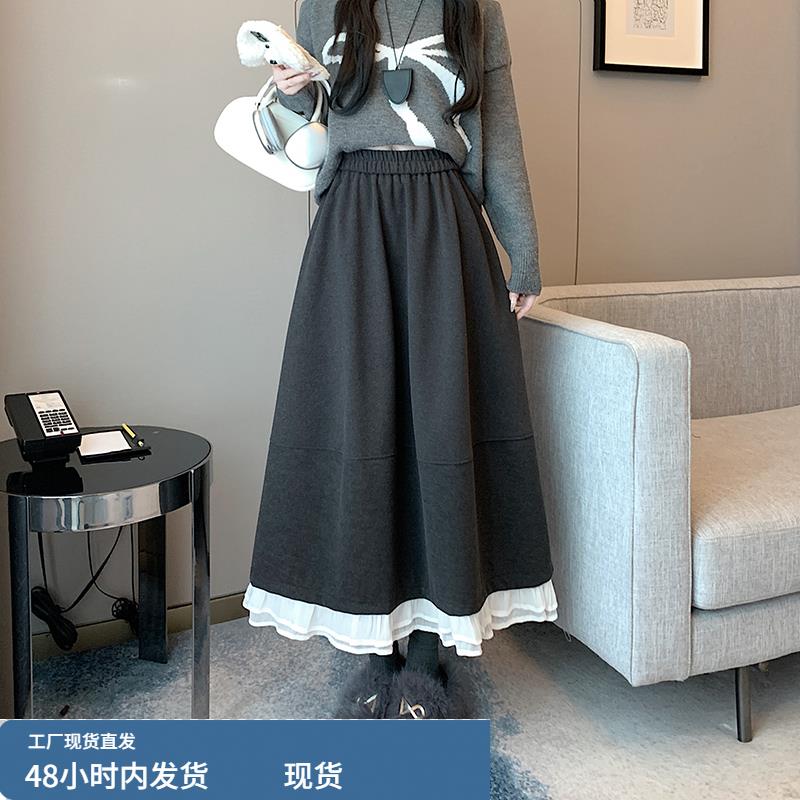 灰色高级感毛呢半身裙女2025秋冬新款大码胖mm显瘦遮肚a字百褶裙