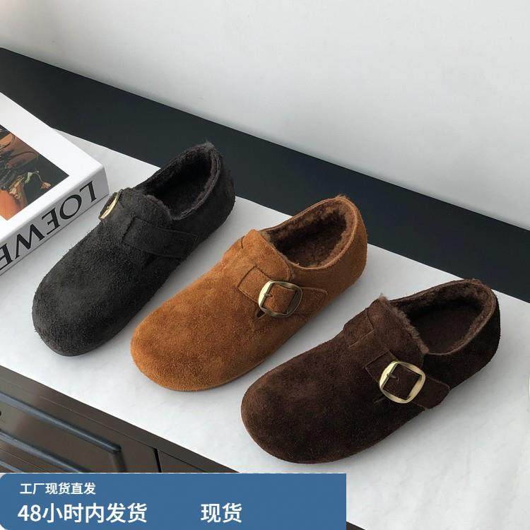 加绒真皮全包勃肯鞋女冬2025新款一脚蹬厚底雪地靴保暖毛毛单鞋棉