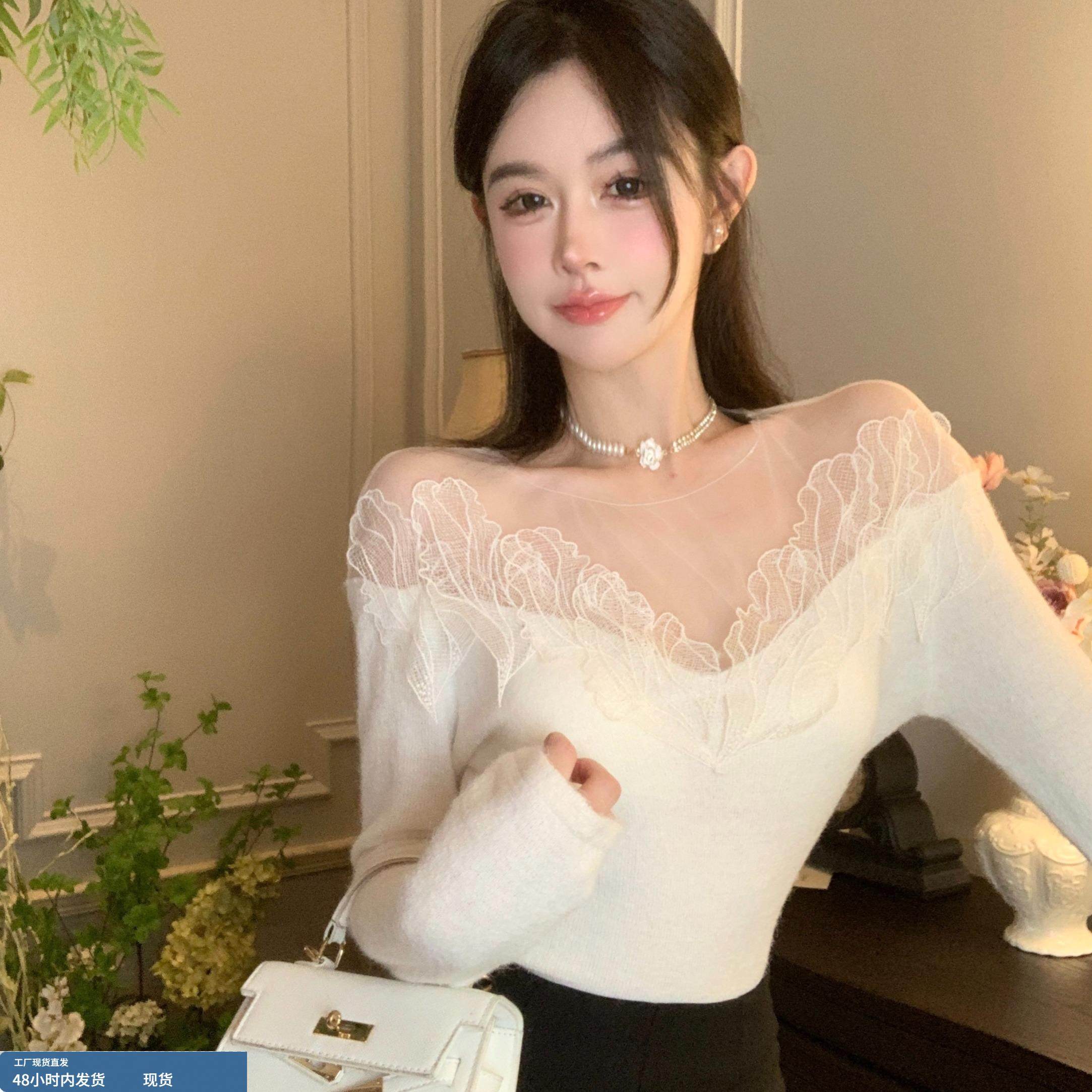 法式独特别致高端洋气一字肩蕾丝网纱上衣秋冬高级感针织打底衫女