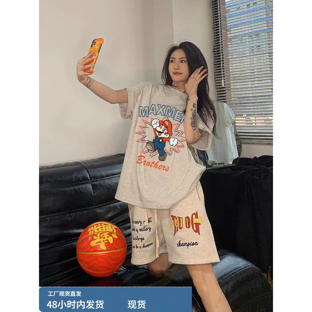 纯棉美式炸街运动套装女夏季短袖短裤跑步学生韩版宽松休闲两件套