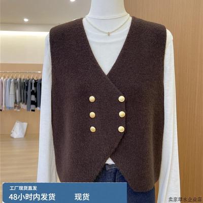 美拉德覆古咖色双排扣v领马甲针织开衫秋冬慵懒叠穿无袖毛衣坎肩