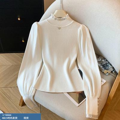 纯色灯笼袖半高领针织打底衫女秋冬2025新款气质修身内搭上衣毛衣