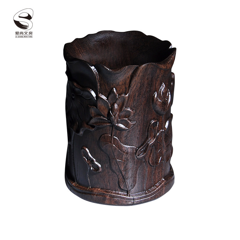 爱尚文房 黑檀木笔筒 手工雕刻荷花笔筒红木实木工艺品文房摆件