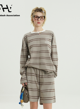 AHA爱侈艾·【苏新皓李煜东张极同款】宽条纹爱心刺绣短裤套装