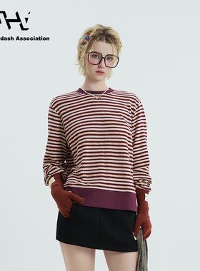 AHA爱侈艾·【马年新春】【艾米同款】条纹拼色休闲打底衫上衣