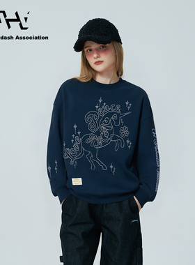 AHA爱侈艾·【马年新春】街头风立体闪钻独角兽秋冬加绒圆领卫衣