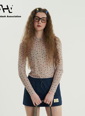 AHA爱侈艾·甜美复古小碎花百搭弹力25春夏女款可外穿网纱打底衫