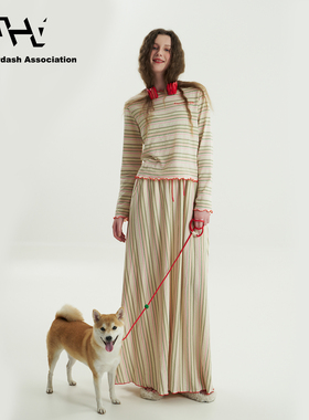 AHA爱侈艾·缤纷条纹撞色刺绣时髦休闲女春夏套头衫开衫长款半裙