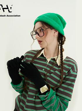 AHA爱侈艾·罗纹百搭金色绣标防寒保暖棉羊毛混纺露指毛线手套