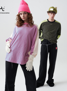 AHA爱侈艾·【玲花张佳宁同款】条纹拼色长袖宽松圆领T恤打底衫