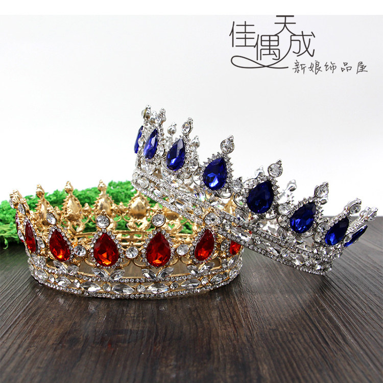 新娘皇冠复古水钻头饰新娘整环红钻蓝钻皇冠欧美新娘配饰品