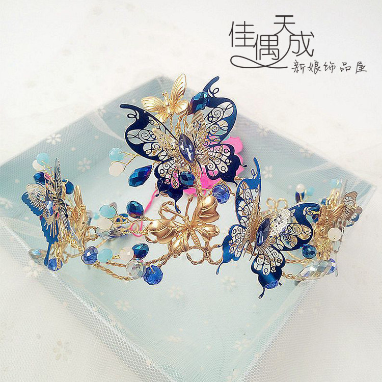 皇冠复古水晶蓝色蝴蝶头饰