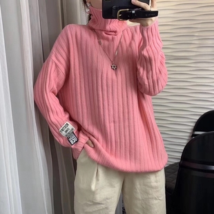 欧洲站2024年新款 上衣厚 秋冬高领毛衣女宽松慵懒风百搭显瘦针织衫