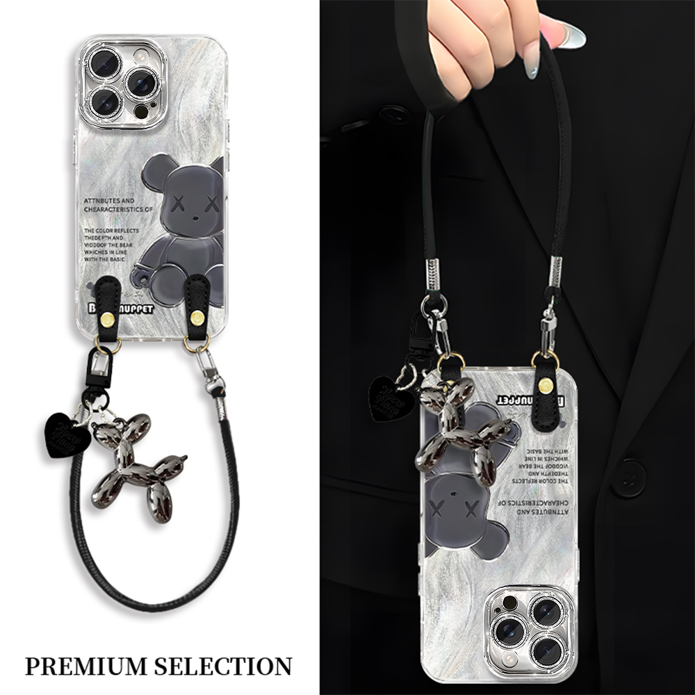 简约积木熊适用苹果16promax手机壳华为mate60时尚pura80高级感oppoReno14斜跨挂绳壳vivos30/小米15防摔软壳