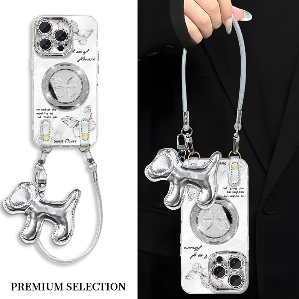 高颜值蝴蝶镜子支架适用苹果16promax/13/15/华为Pura70新款羽纱mate40pro女vivox90/opporeno9挂绳手机壳