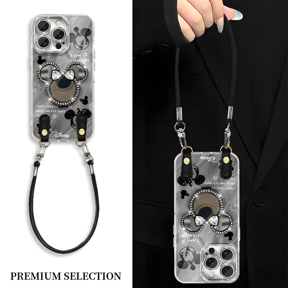 黑色米奇镜子支架适用opporeno14手机壳创意reno11/10时尚reno9/Pro高级感findx8斜跨findx7挂绳a93s防摔女