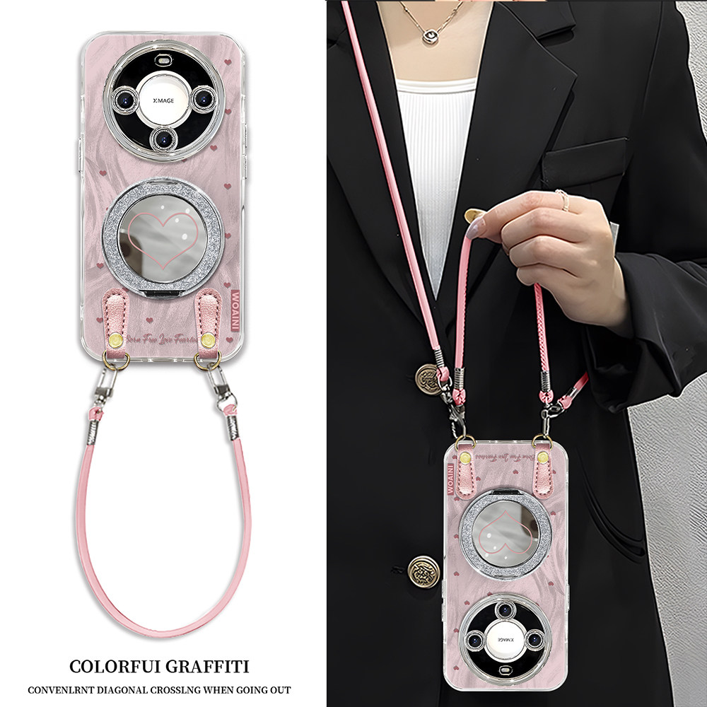 粉爱心旋转镜子支架适用华为mate80手机壳华为mate70女mate60pro全包华为mate50防摔mate40pro羽纱mate30软壳