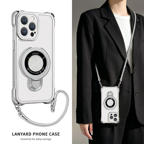 银CD支架适用苹果17promax手机壳华为mate80简约pura80斜跨挂绳oppoReno16四角防摔vivox300时尚小米17保护套