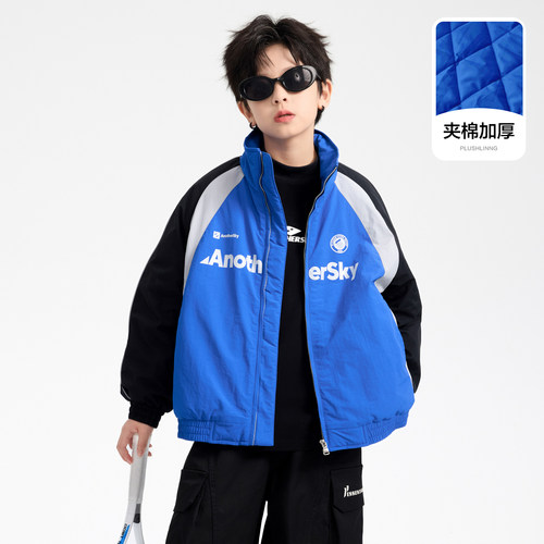 男童冬季撞色机车风加厚运动棉服
