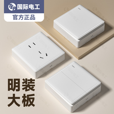 国际电工明装明线电灯电源开关多孔插座面板白色家用四开双开单控