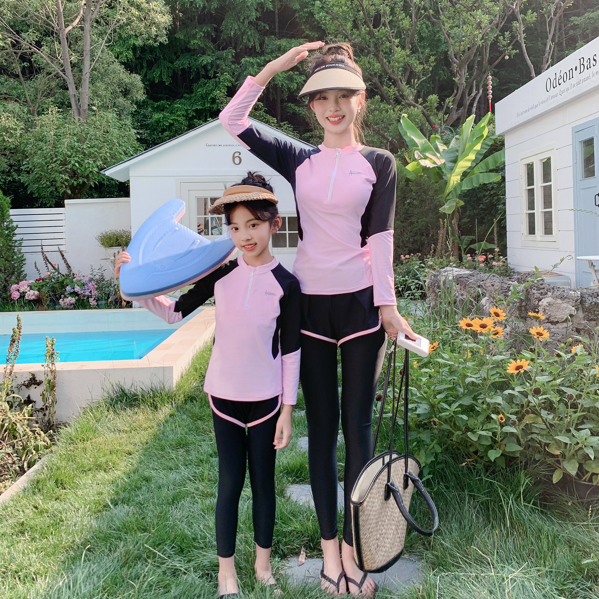 新款拉链运动款亲子泳衣母女撞色洋气长袖长裤防晒洋气女童泡温泉