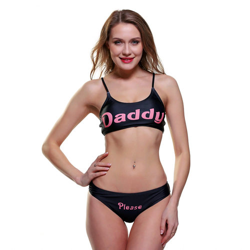 2021速卖通wish跨境爆款泳衣Come here daddy字母印花分体比基尼