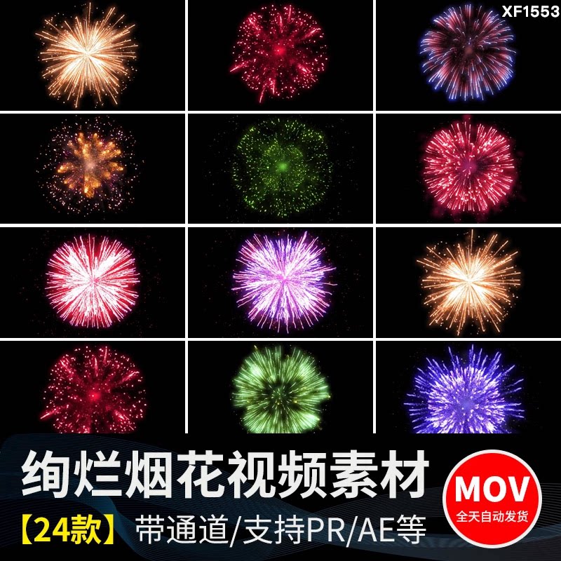 烟花升空爆炸礼花绽放节日绚烂焰火动画透明底通道pr/ae视频素材