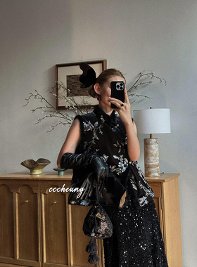 CCCHEUNG 1.10晚8 新中式重工貂毛边亮片钉珠刺绣丝绒夹棉马夹