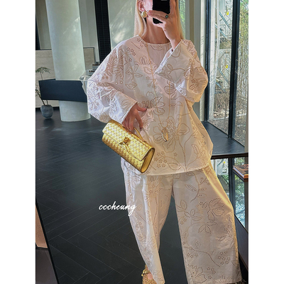 法式镂空印花衬衫九分裤套装