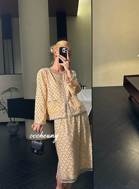 CCCHEUNG3.20晚8 MIU风千金感华丽重工手工钉珠镶钻外套半裙套装