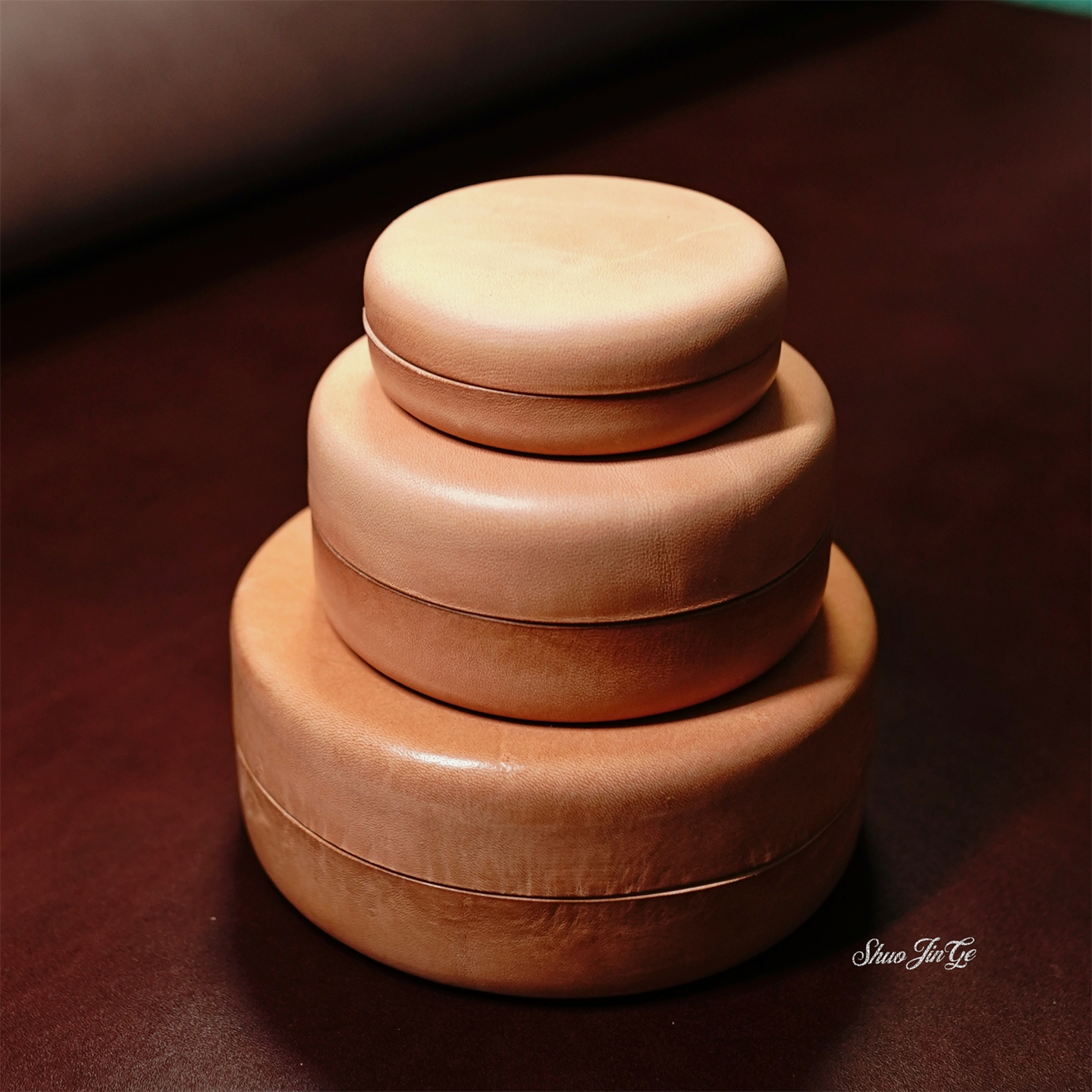 文玩核桃手串珠宝收纳盒牛皮圆盒