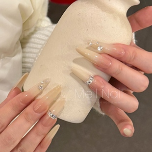 长杏仁奶黄色渐变尖底钻款 黄油面包 裸色纯手工穿戴甲 Nail Meil