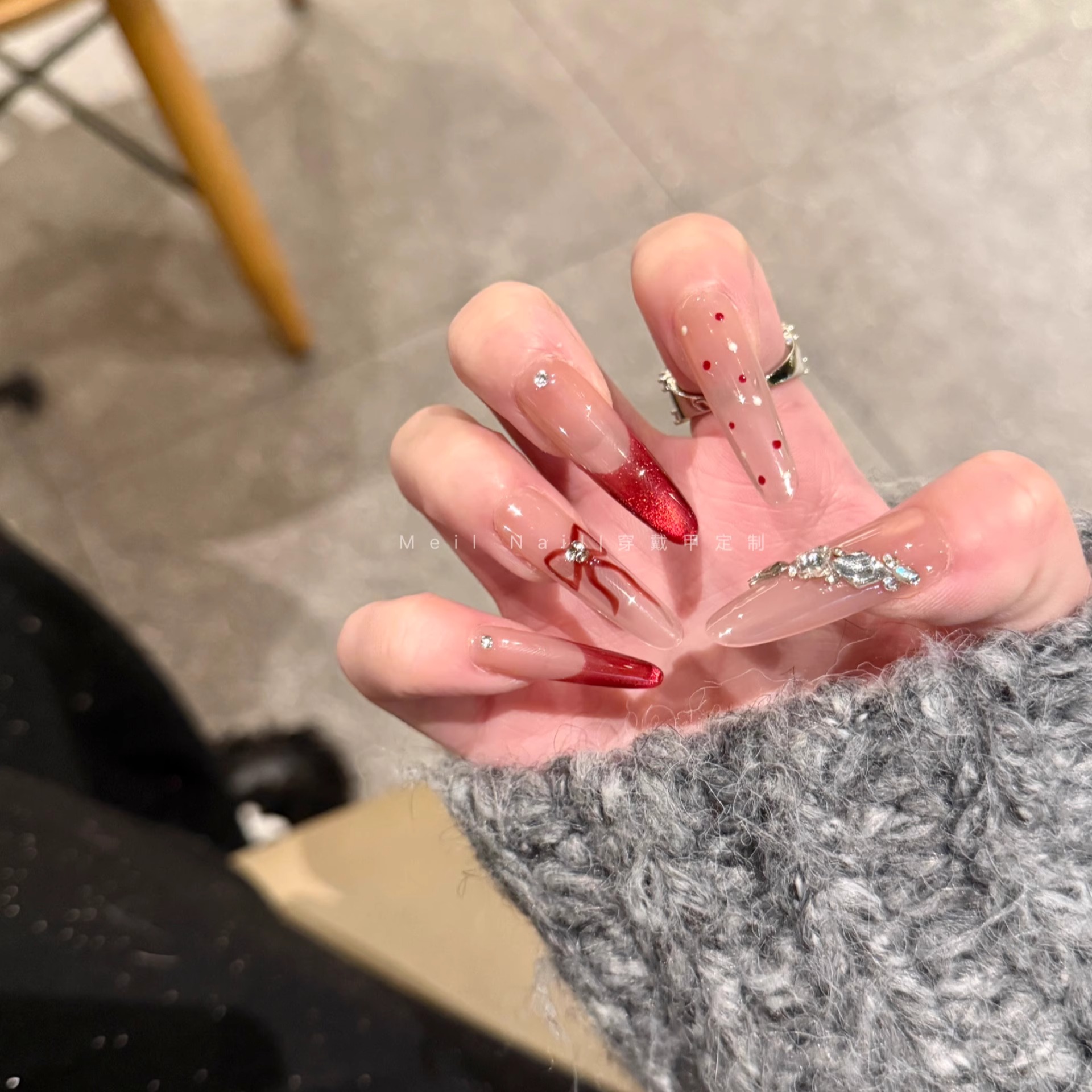 Meil Nail 限定红丝绒 33加长椭圆红色猫眼法式美甲穿戴甲
