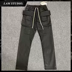 Correct High-End Classic Dark Style Wax-Coated Double-Ring Cargo Workwear Casual Straight-Leg Pants