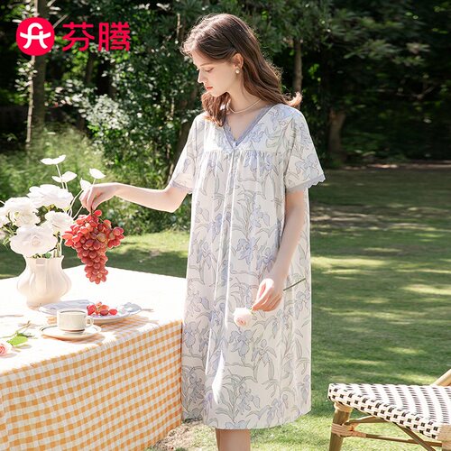 芬腾法式碎花纯棉睡裙女夏季蕾丝花边V领温柔风全棉可外穿家居裙